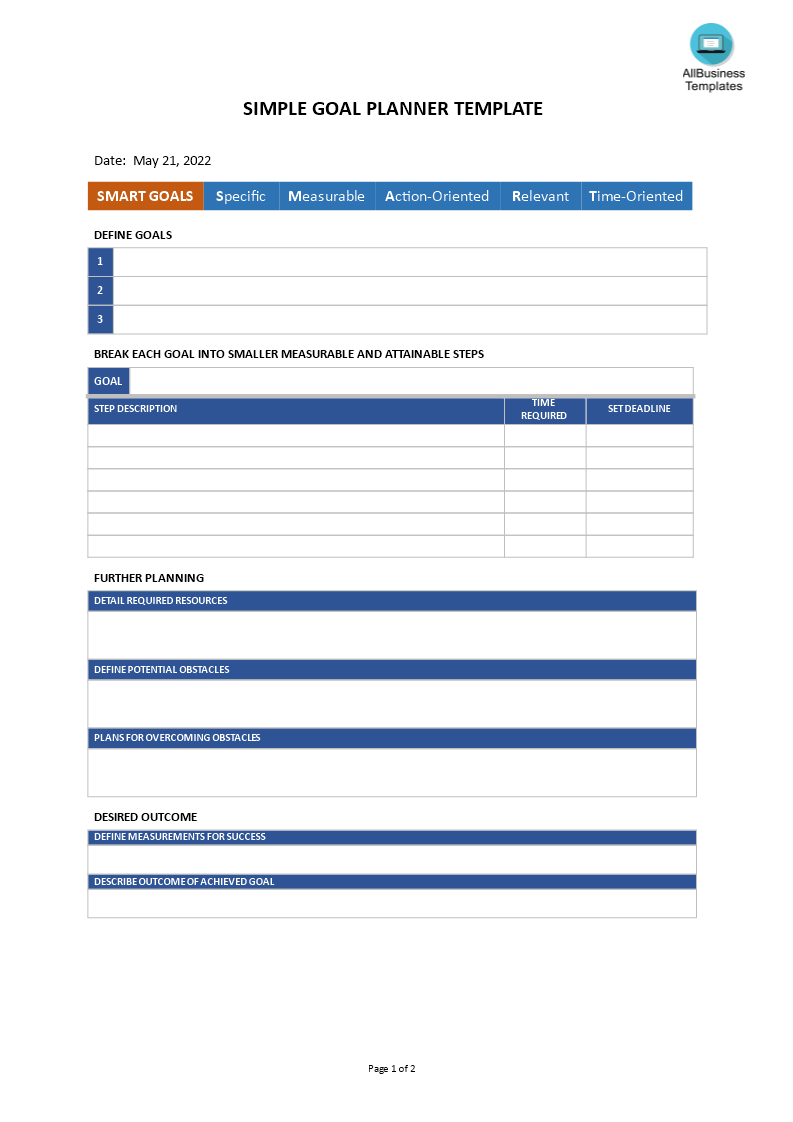 simple goal planner template modèles