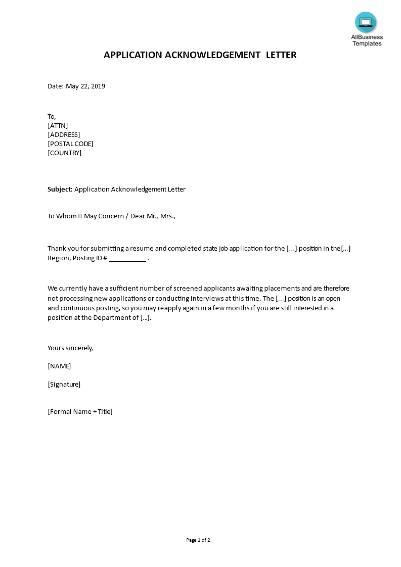 Rejection Job Application Acknowledgement Letter main image