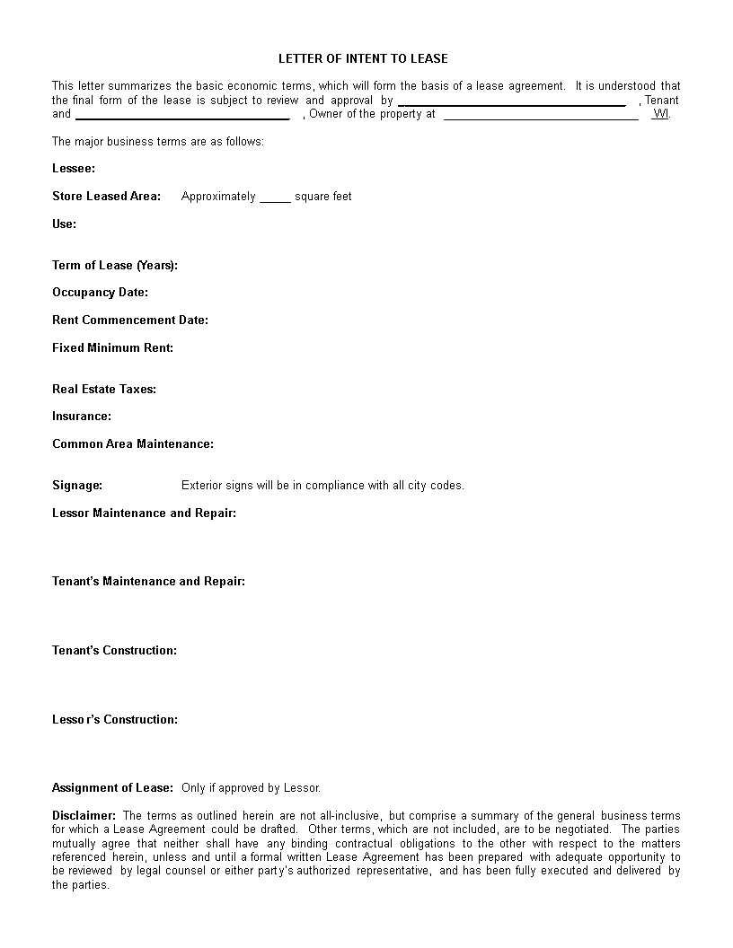 real estate lease letter of intent template