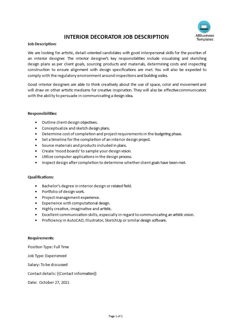 interior decorator job description template