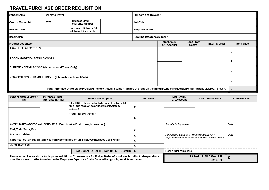travel purchase order requisition template