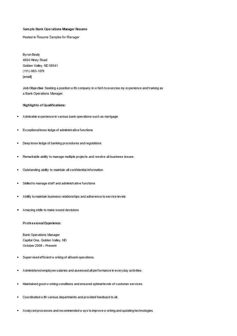 Bank Operations Manager Resume 模板