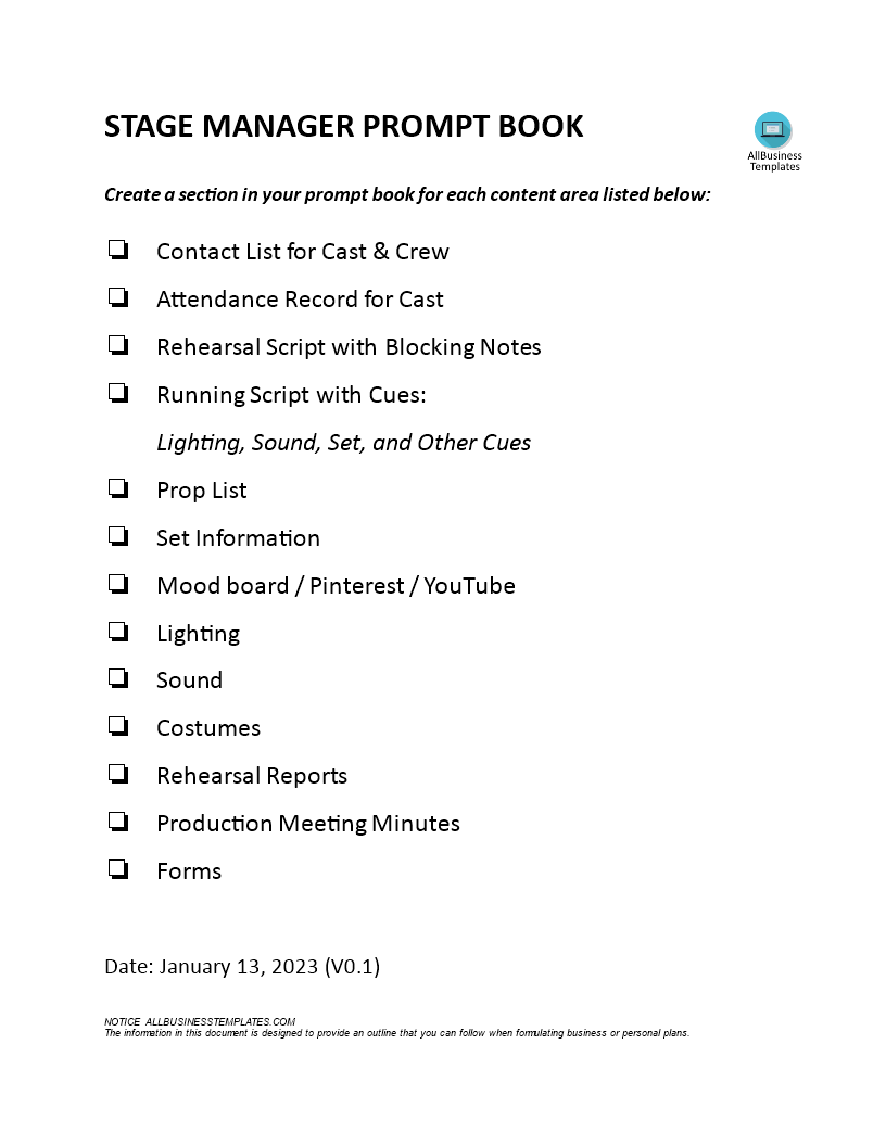 stage manager prompt book template