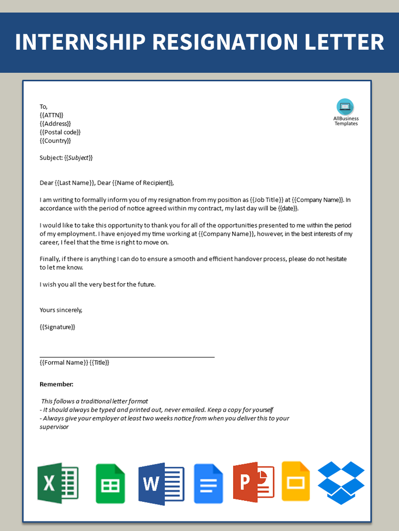 Editable Internship Resignation Letter main image