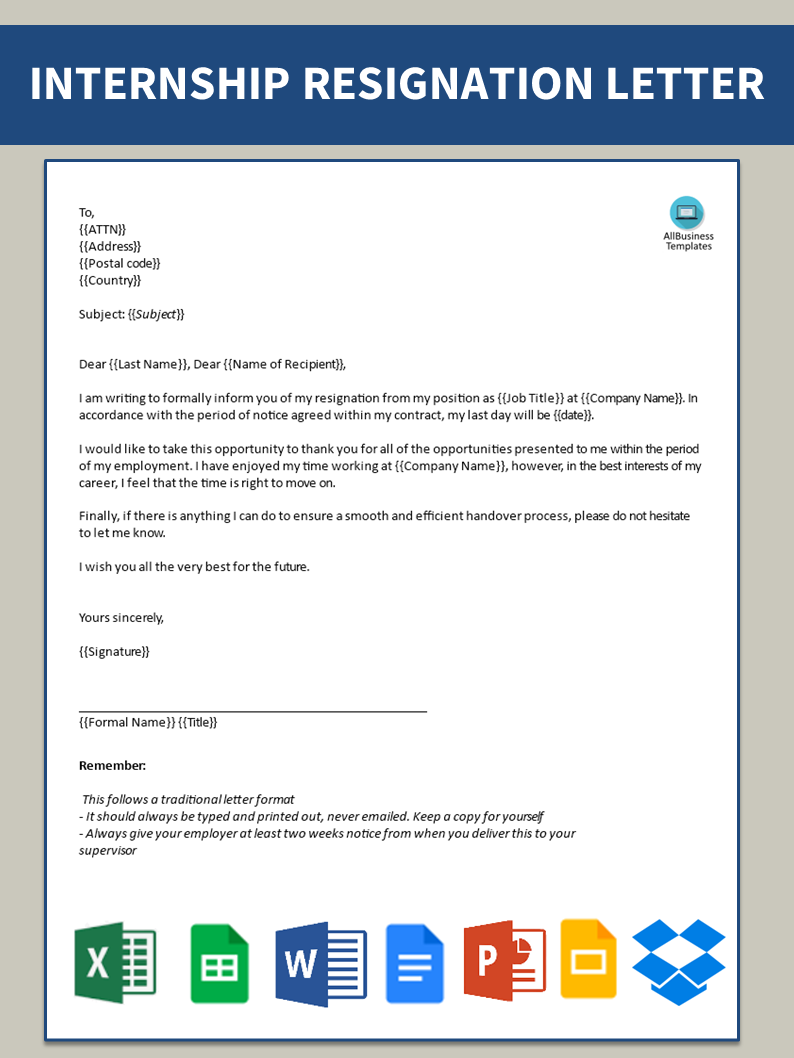 editable internship resignation letter template