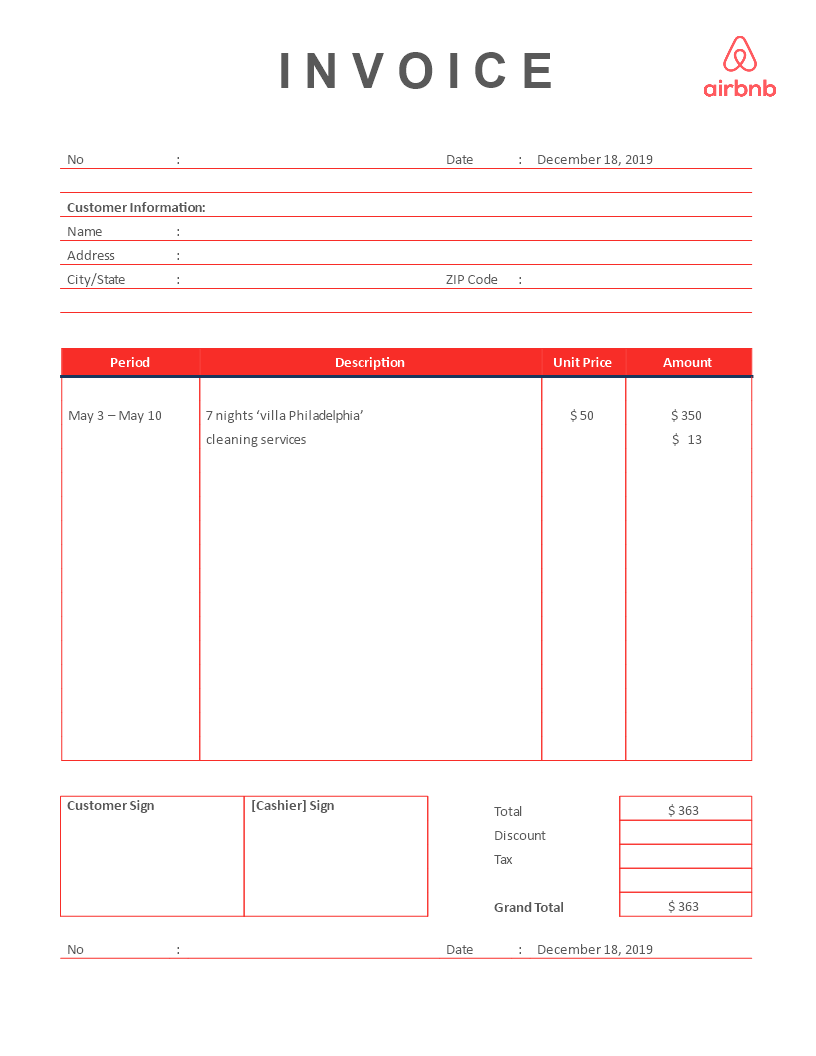 airbnb rental invoice template voorbeeld afbeelding 