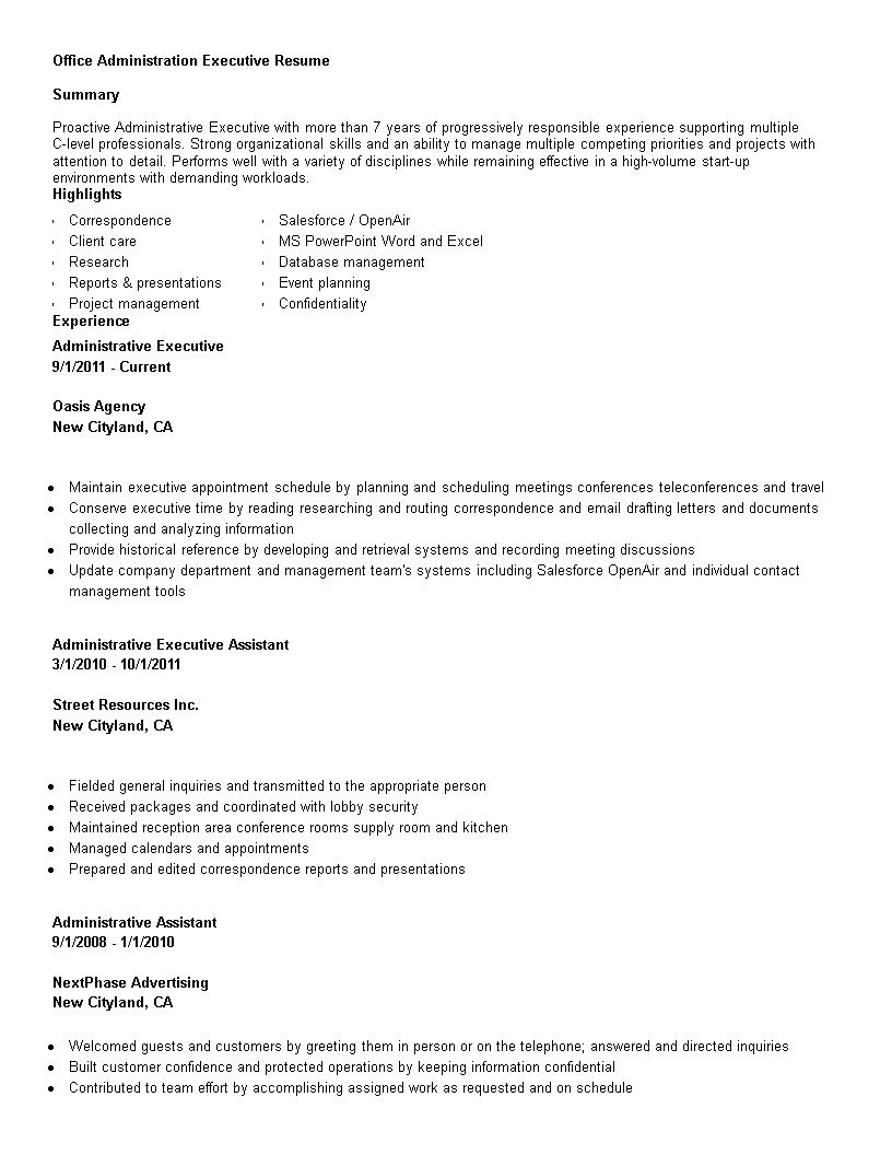 office administration executive resume template