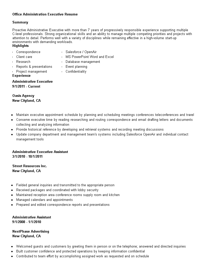 office administration executive resume voorbeeld afbeelding 