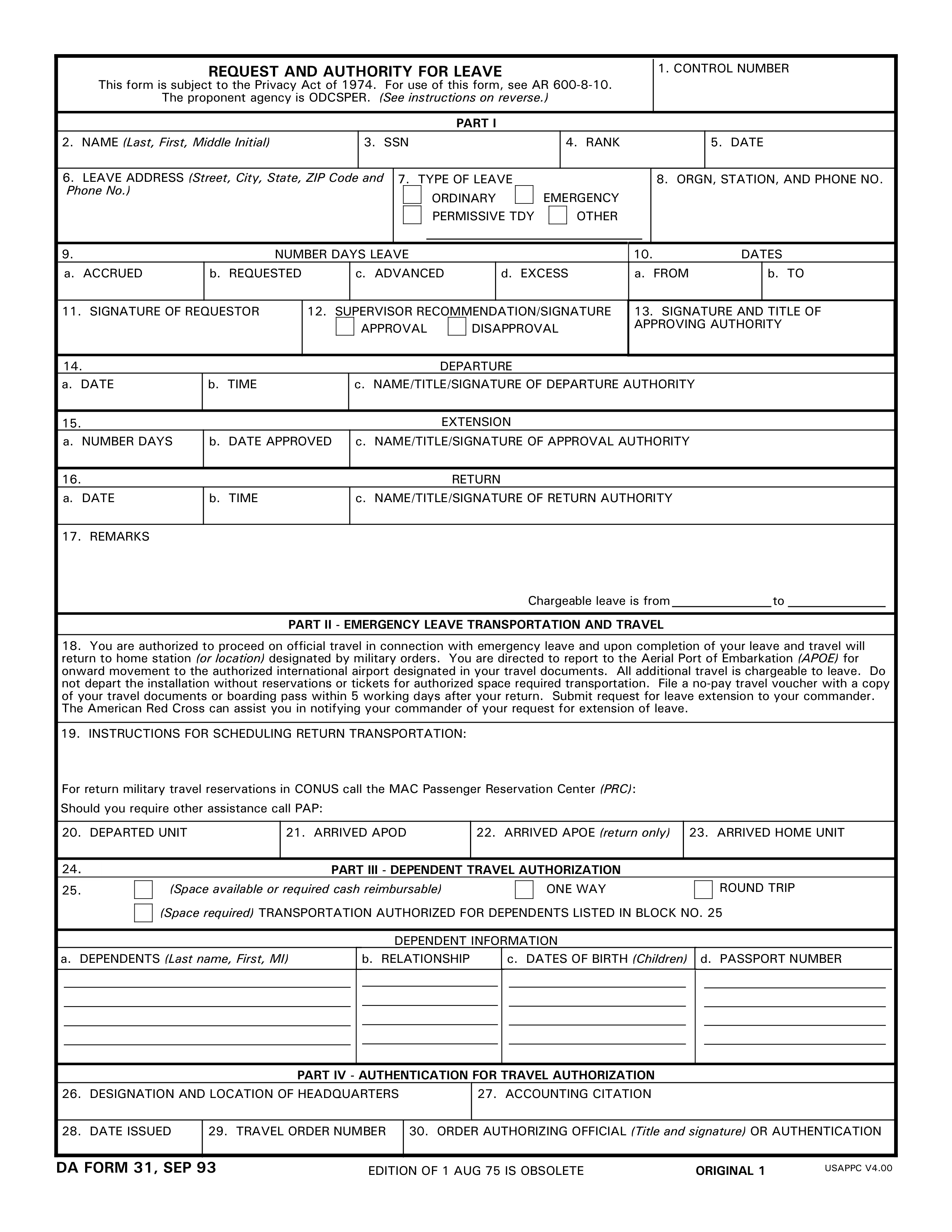 Request and Authority For Leave form template 模板