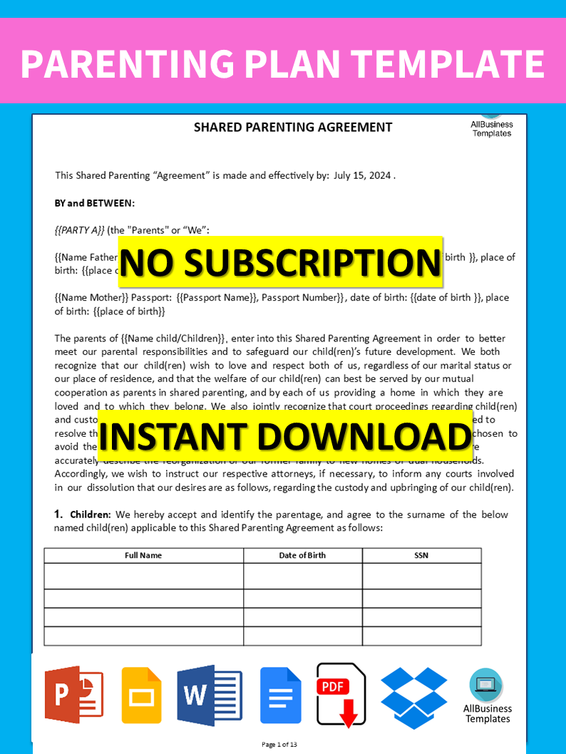 sample parenting plan template