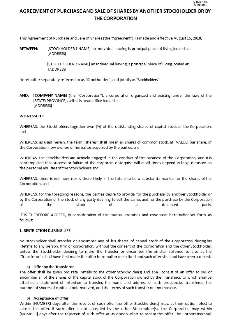 Agreement of Purchase and Sale of Shares by Shareholder main image