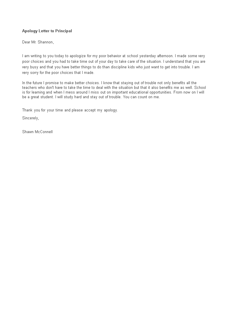 apology letter to principal modèles