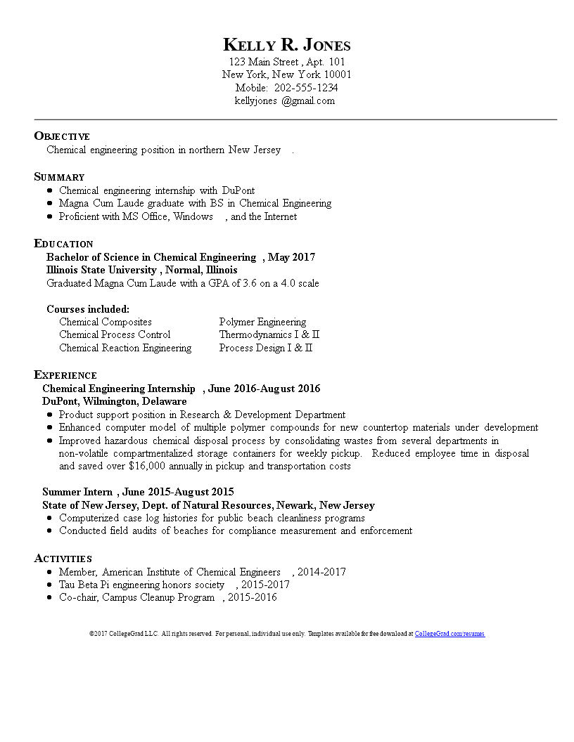 chemical engineering student resume template