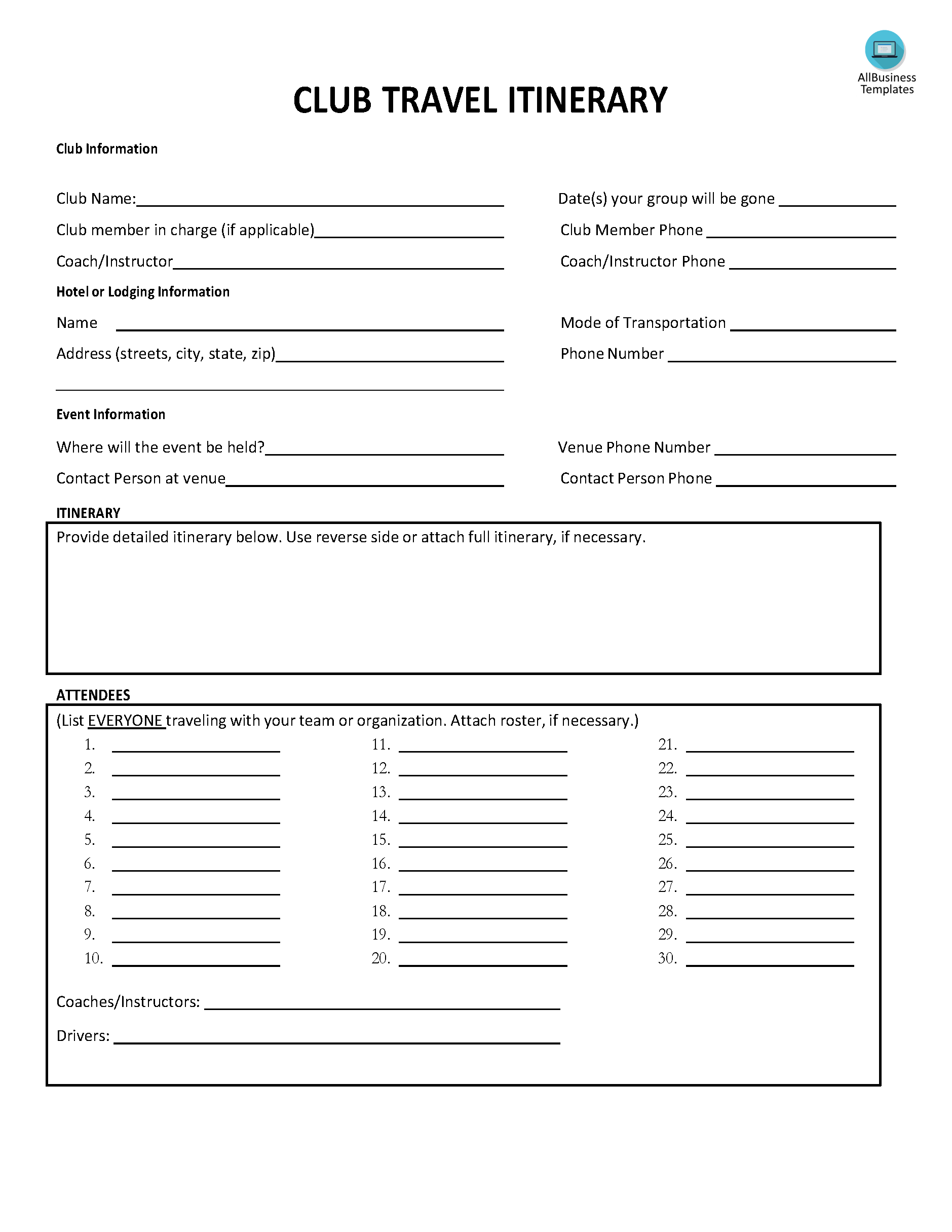club itinerary template