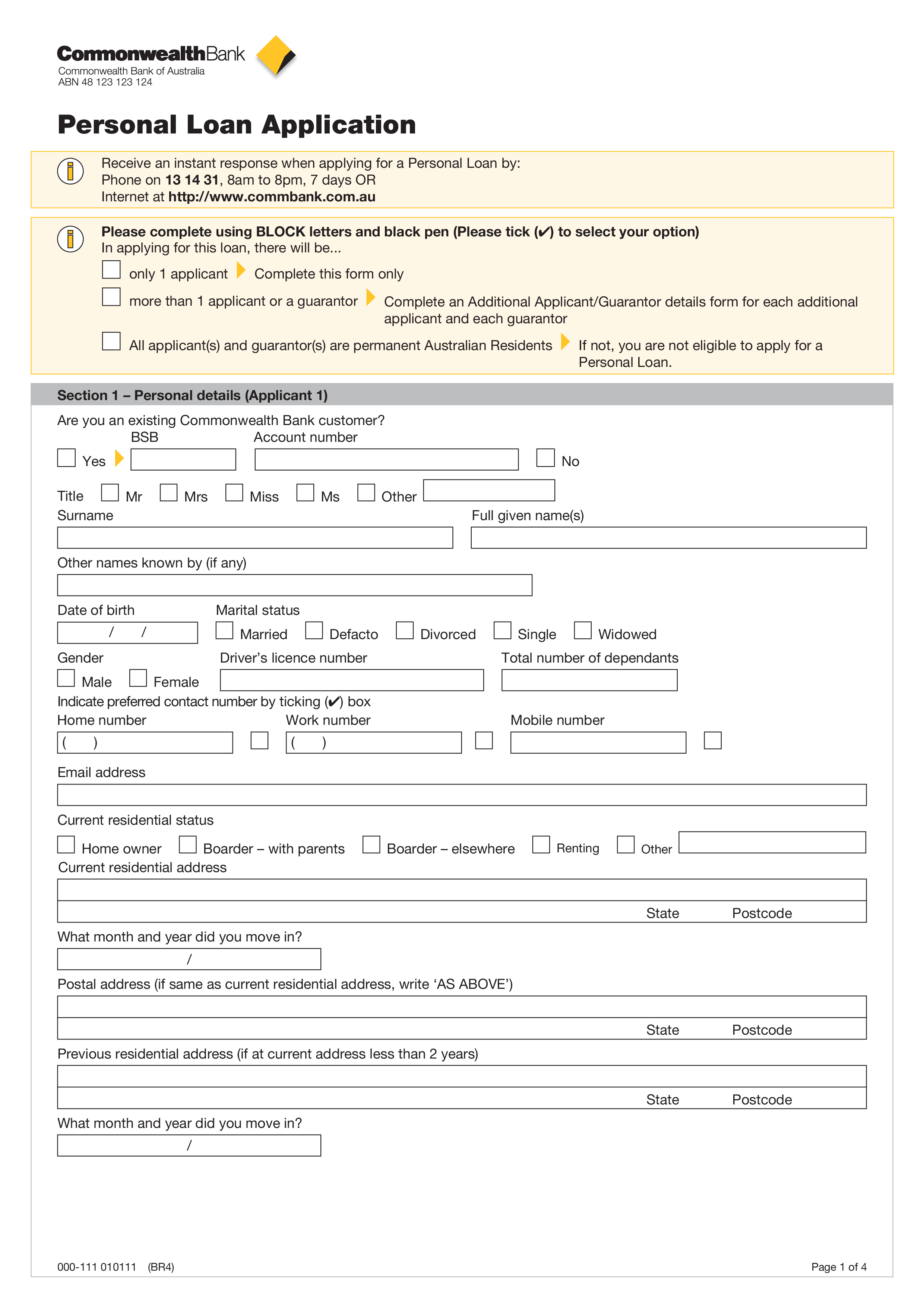 personal loan application template