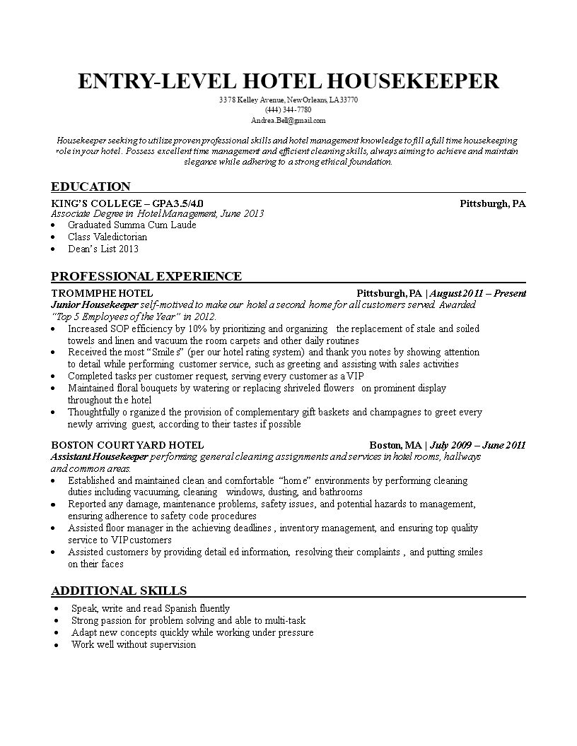 el hotel housekeeping resume template