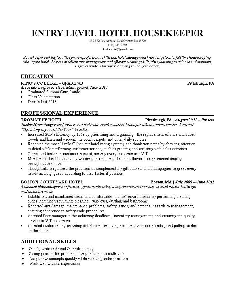  El Hotel Housekeeping Resume Allbusinesstemplates