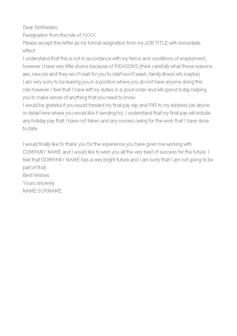 immediate resignation letter email template