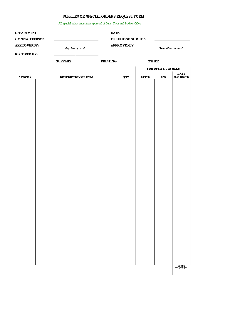 Blank Supply Order Request Form main image