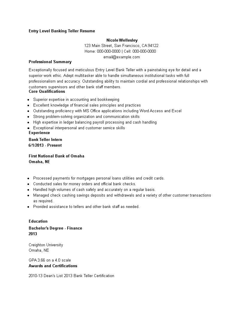 Entry Level Banking Teller Resume 模板