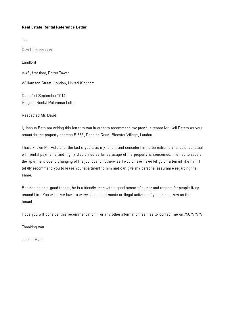 Real Estate Rental Reference Letter main image