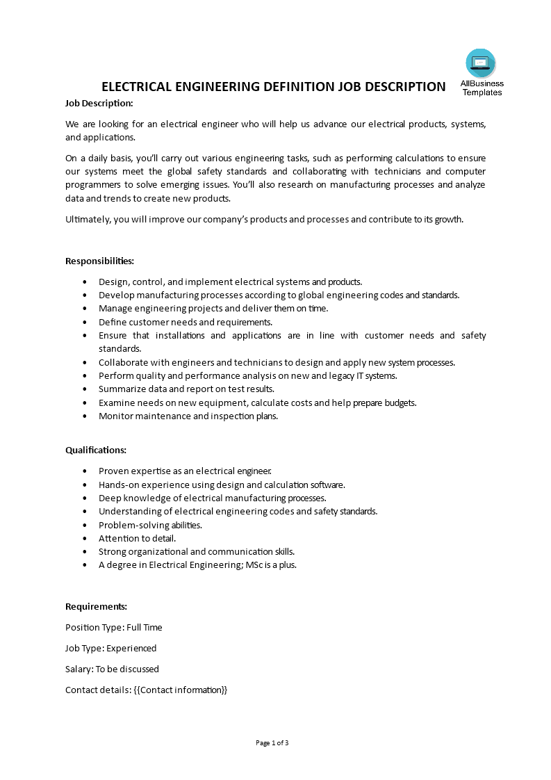 electrical engineering definition job description template