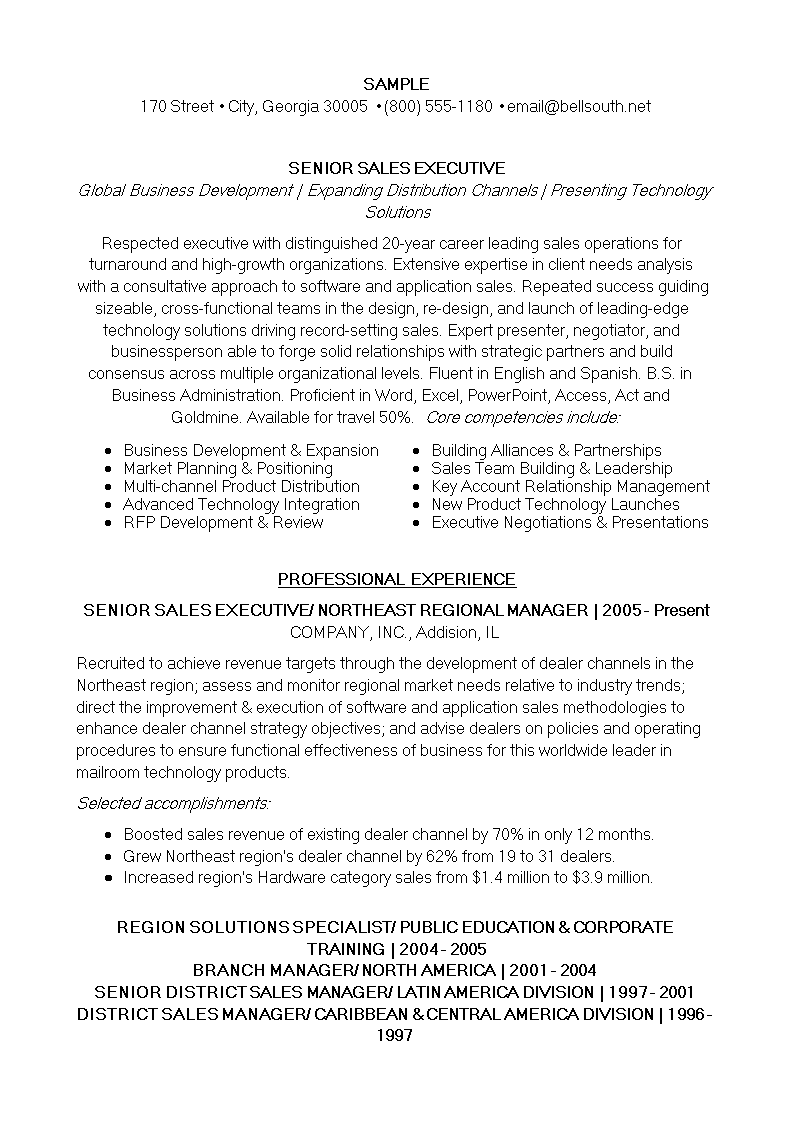 senior sales executive curriculum vitae template