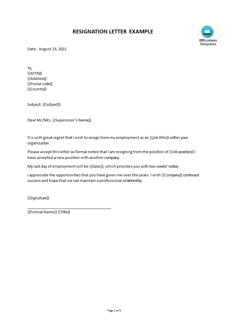 2 Weeks Resignation Letter Simple Templates at