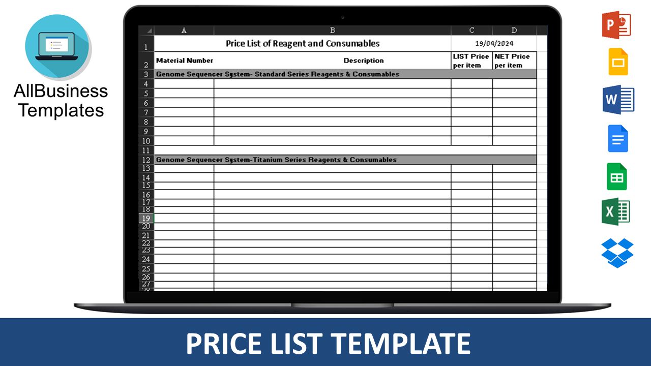 consumables price list template Hauptschablonenbild