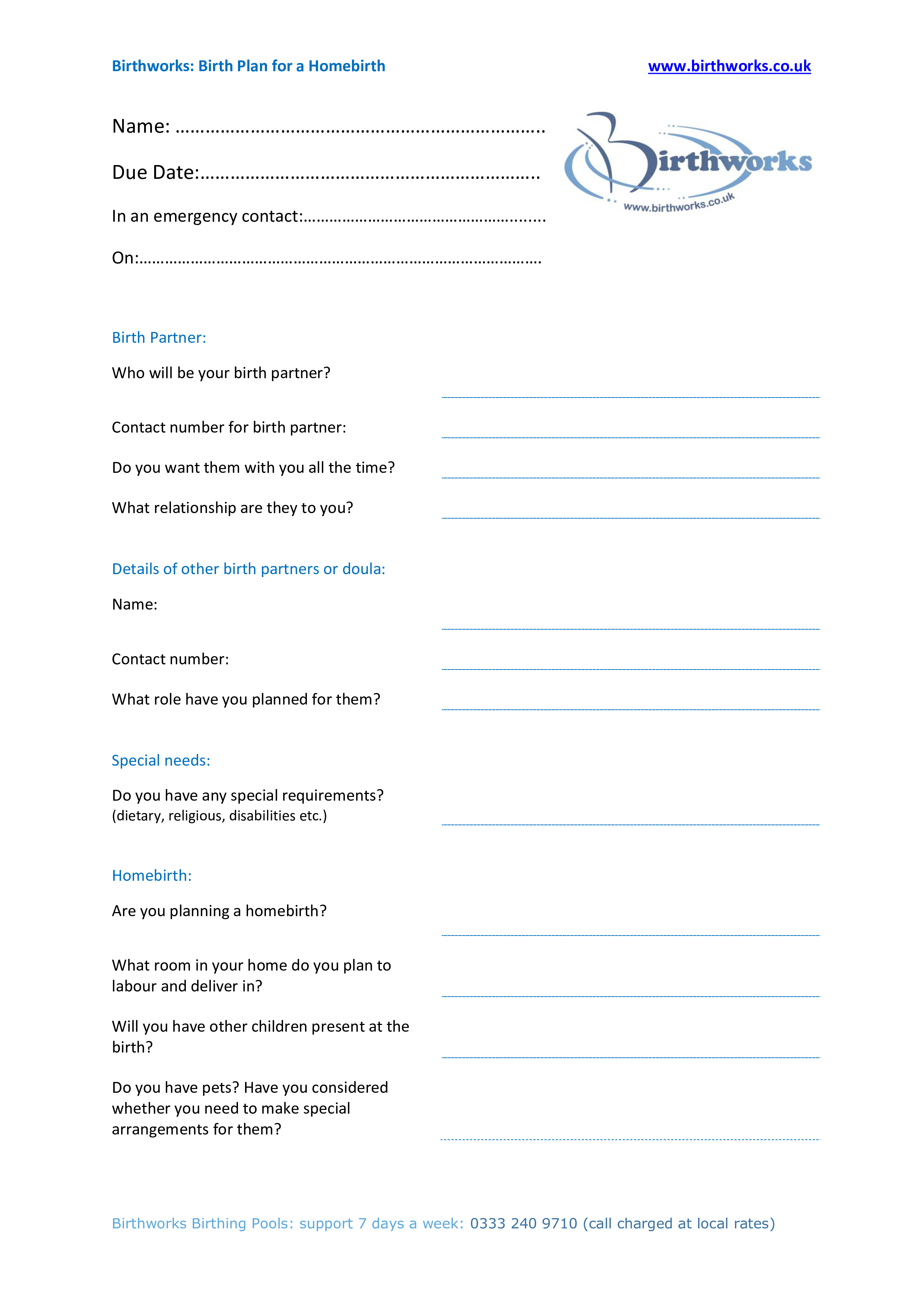 Home Birth Birth Plan Template