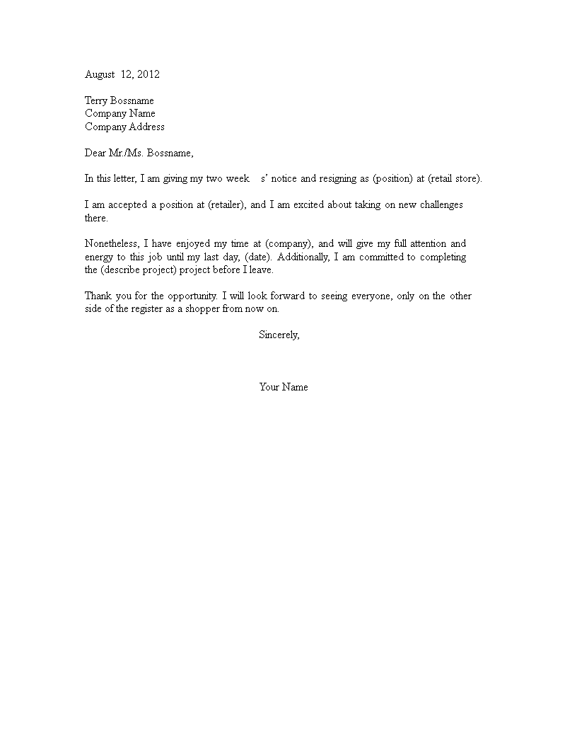 basic retail resignation letter template