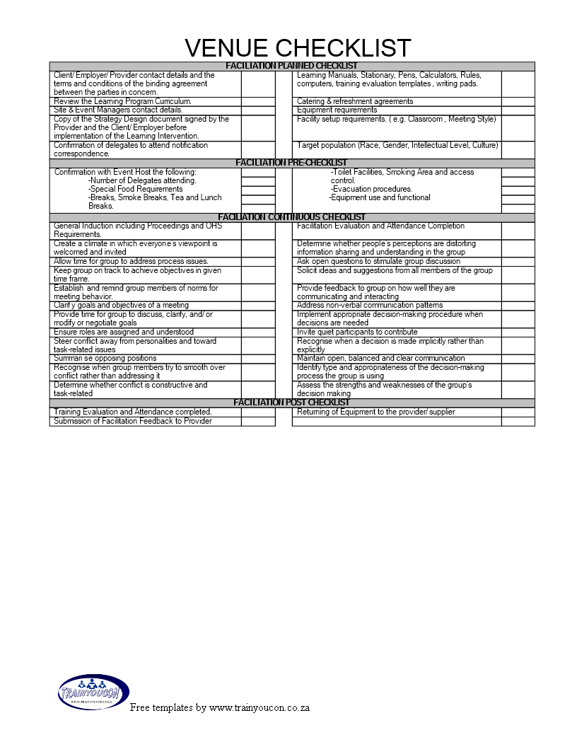 printable venue checklist template