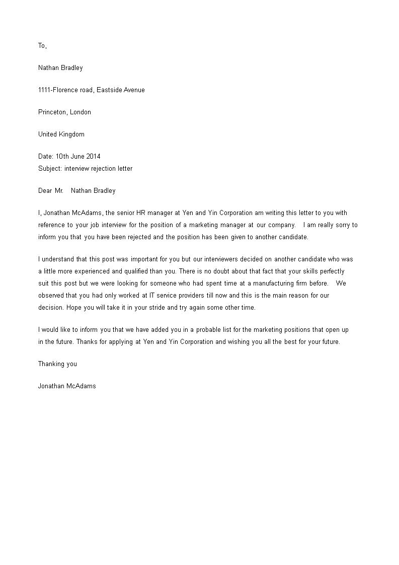 employer applicant rejection template