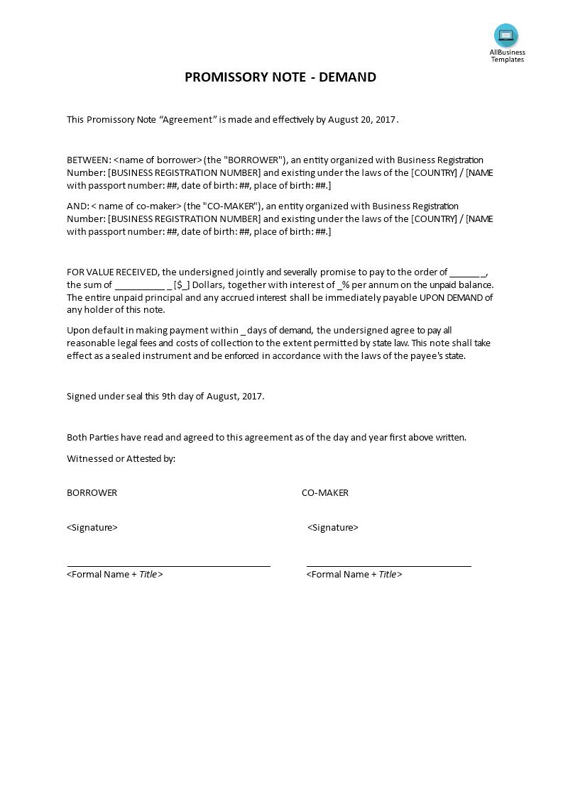 Promissory Note - Demand (different wording) main image