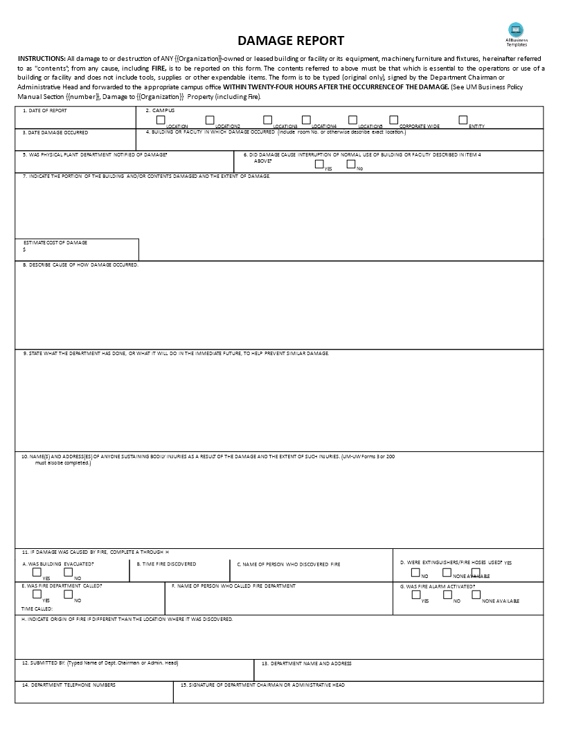 Damage Report | Templates at allbusinesstemplates.com