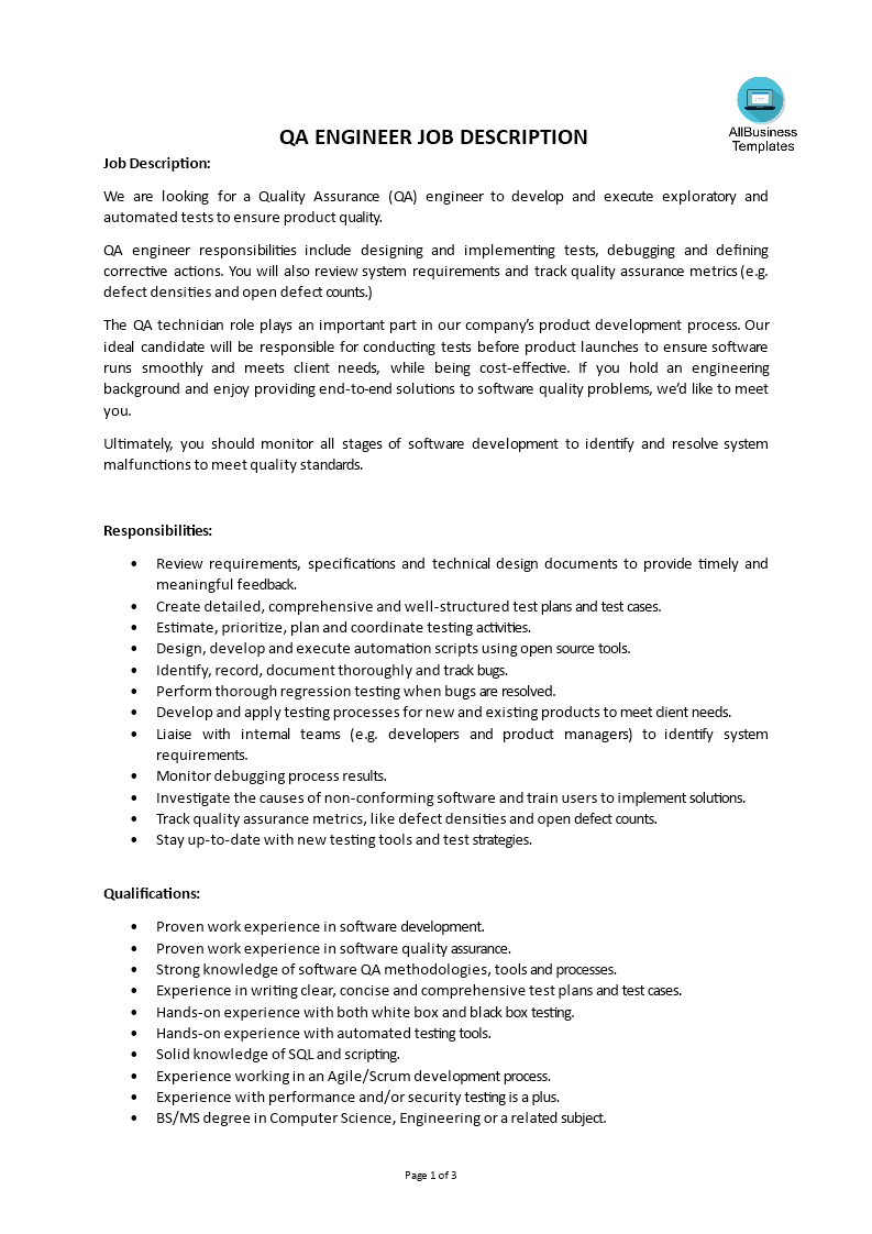 qa engineer job description template