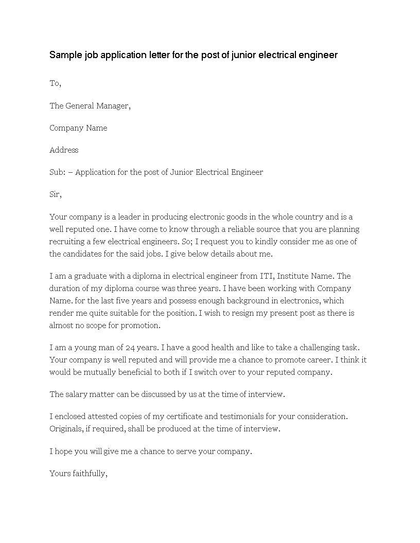 electrical engineer job application letter template