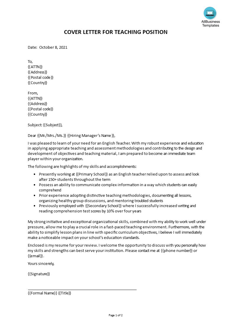 sample of a cover letter for teaching position