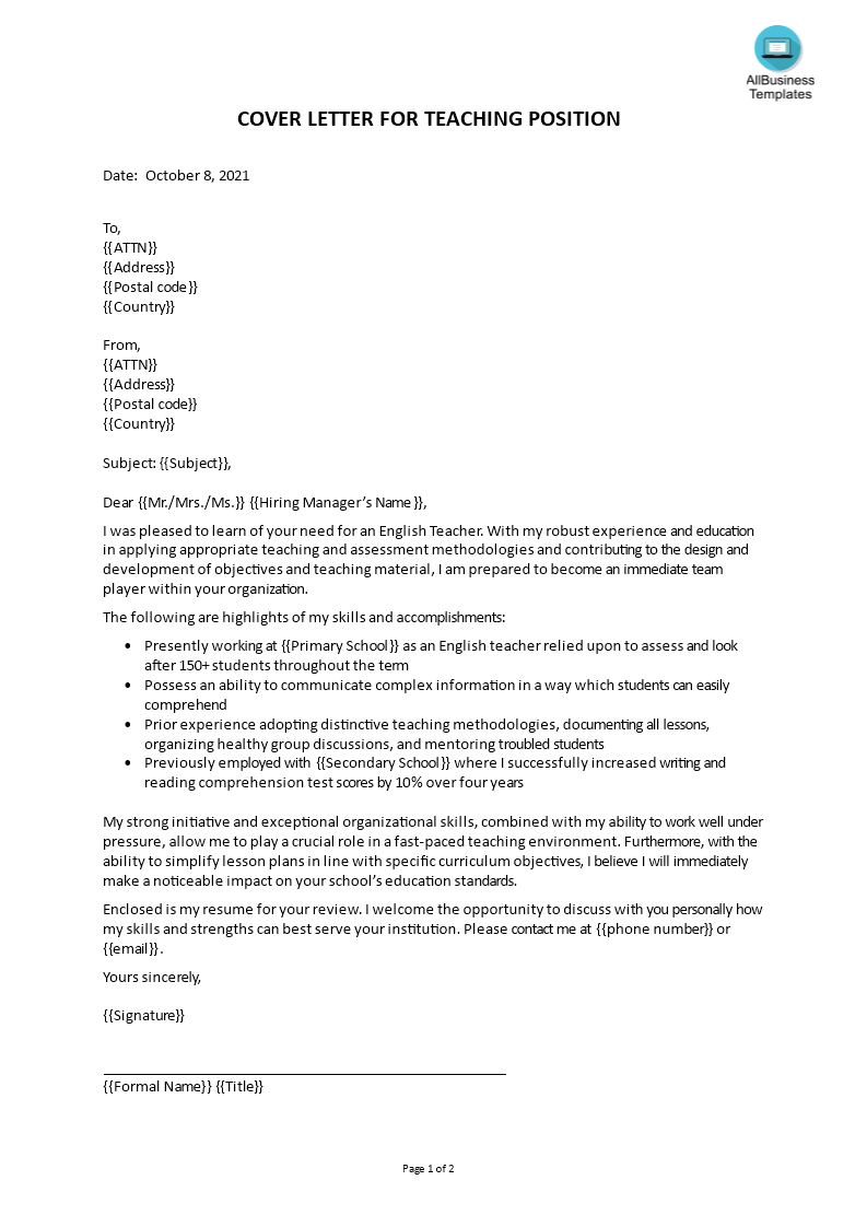 cover letter for teaching position template