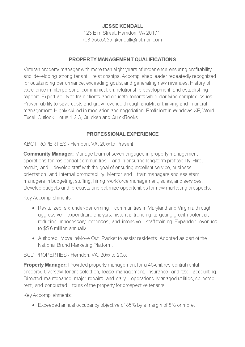 sample property manager resume template