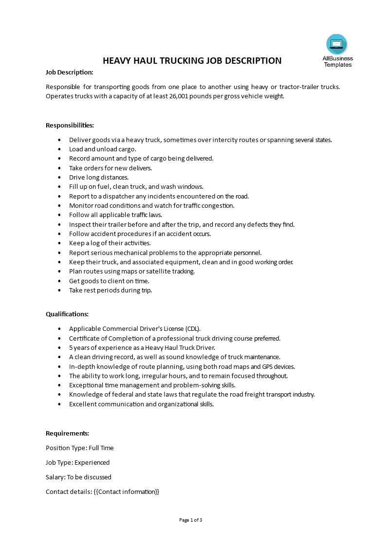 heavy haul trucking job description template