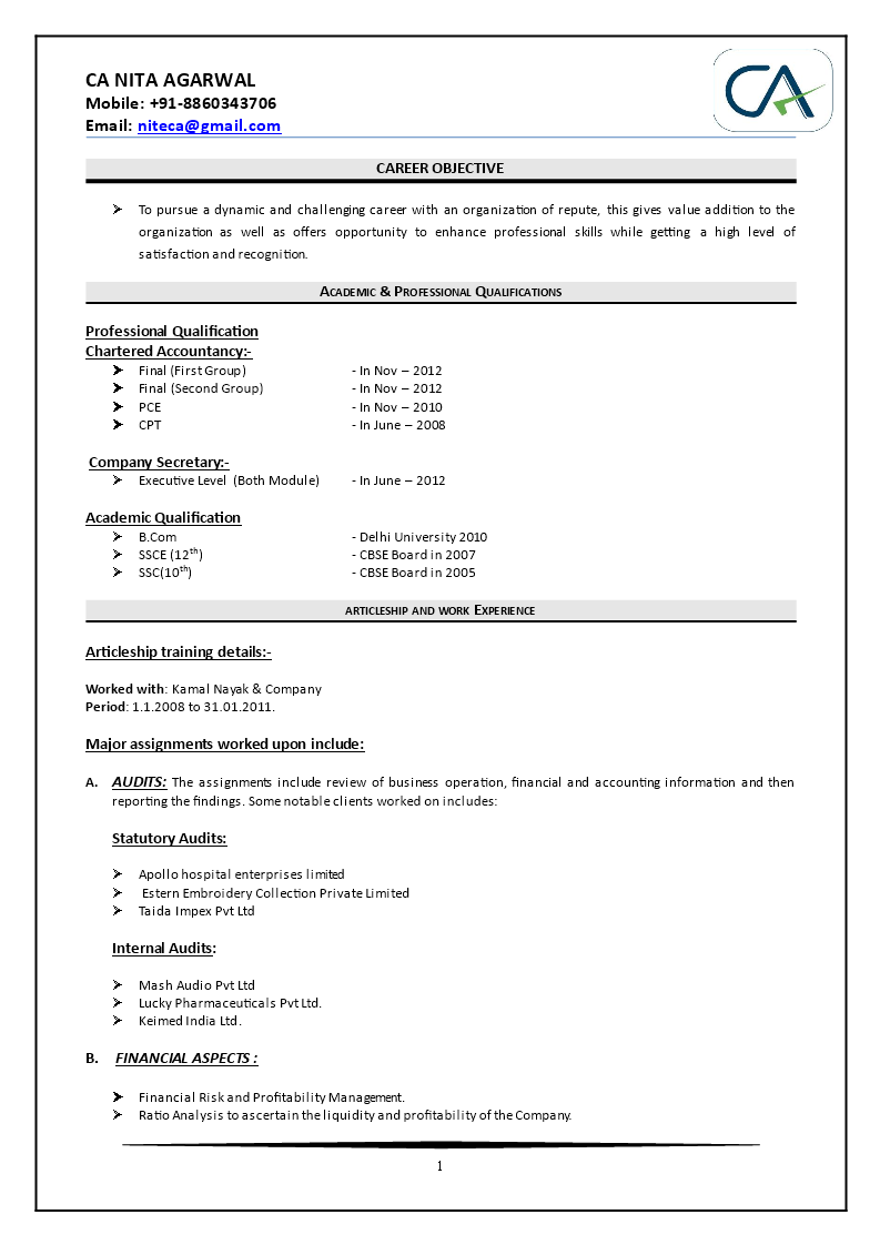 Free Chartered Accountant Fresher Resume Templates At