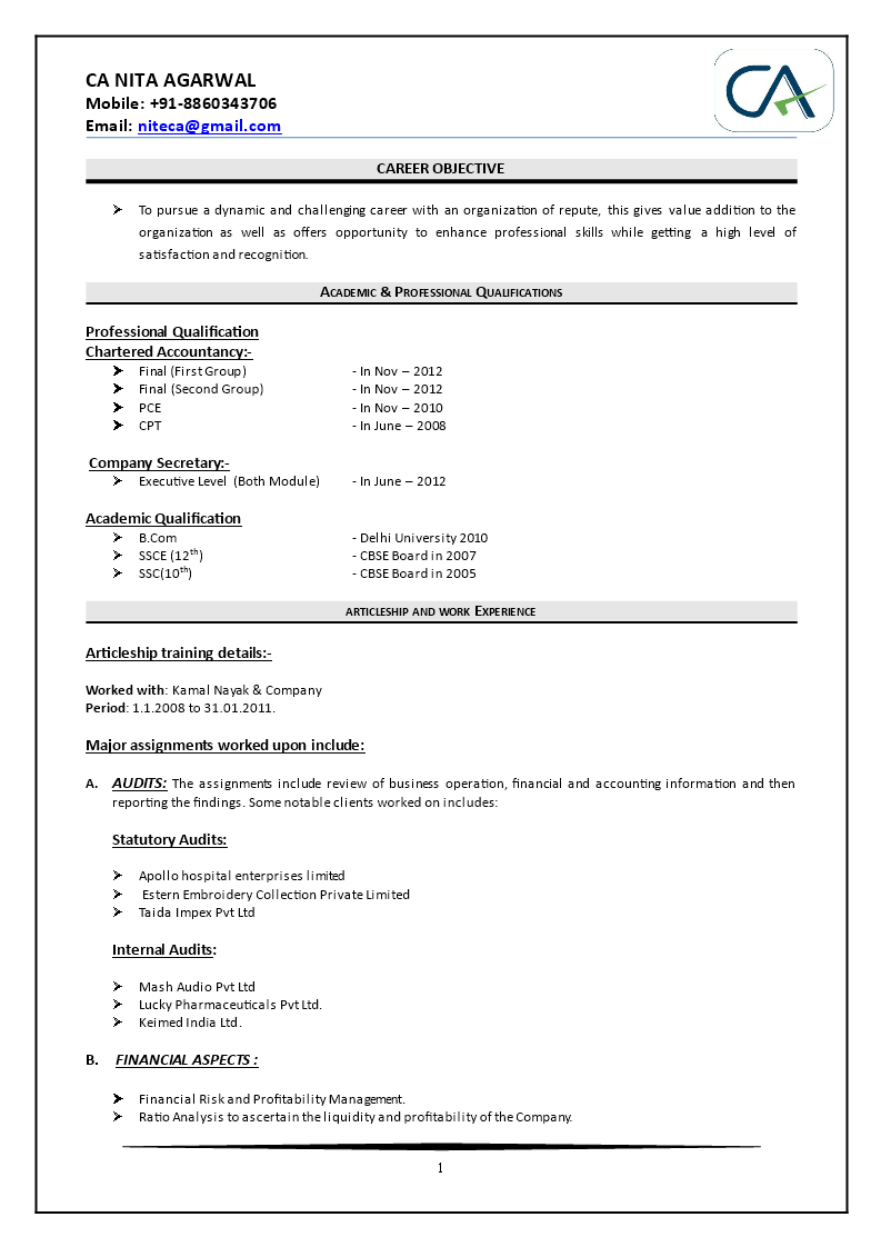 chartered accountant fresher resume voorbeeld afbeelding 