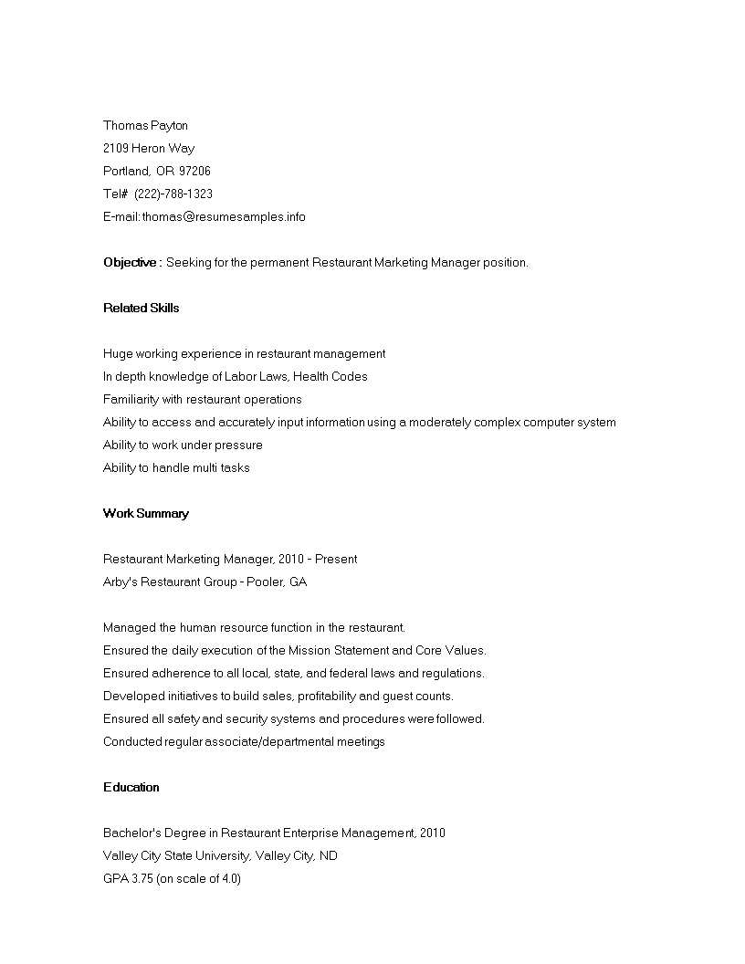 Sample Restaurant Marketing Resume main image