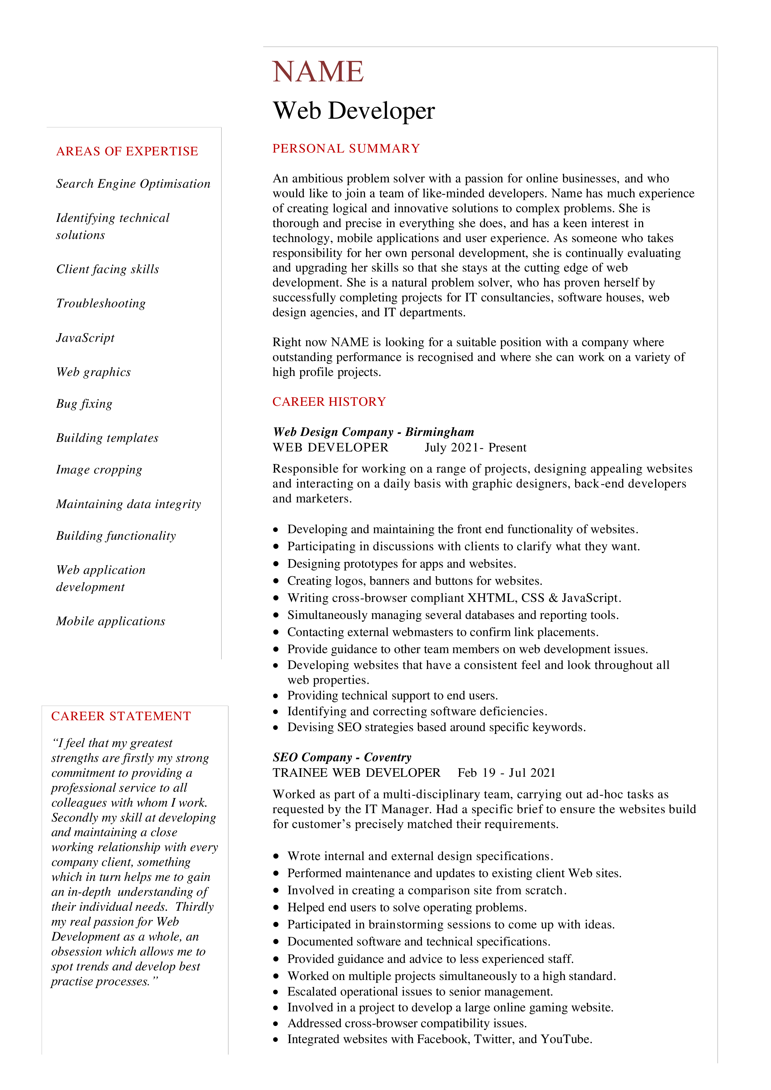 web developer resume modèles