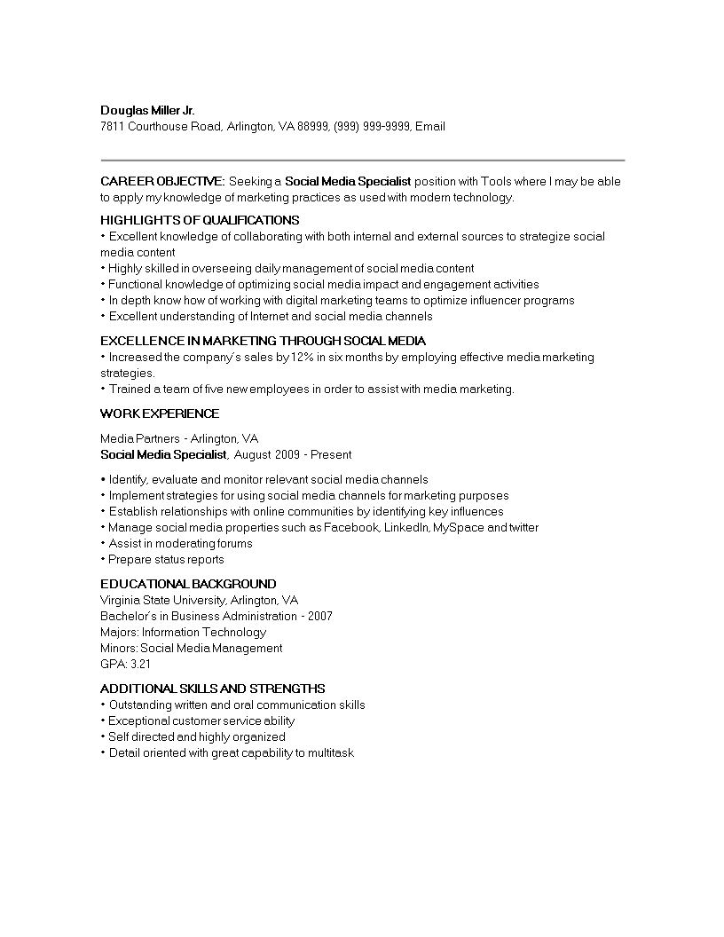 social media marketing specialist resume template