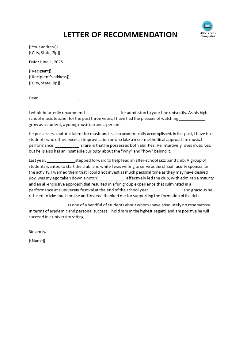 College Recommendation Letter Format 模板