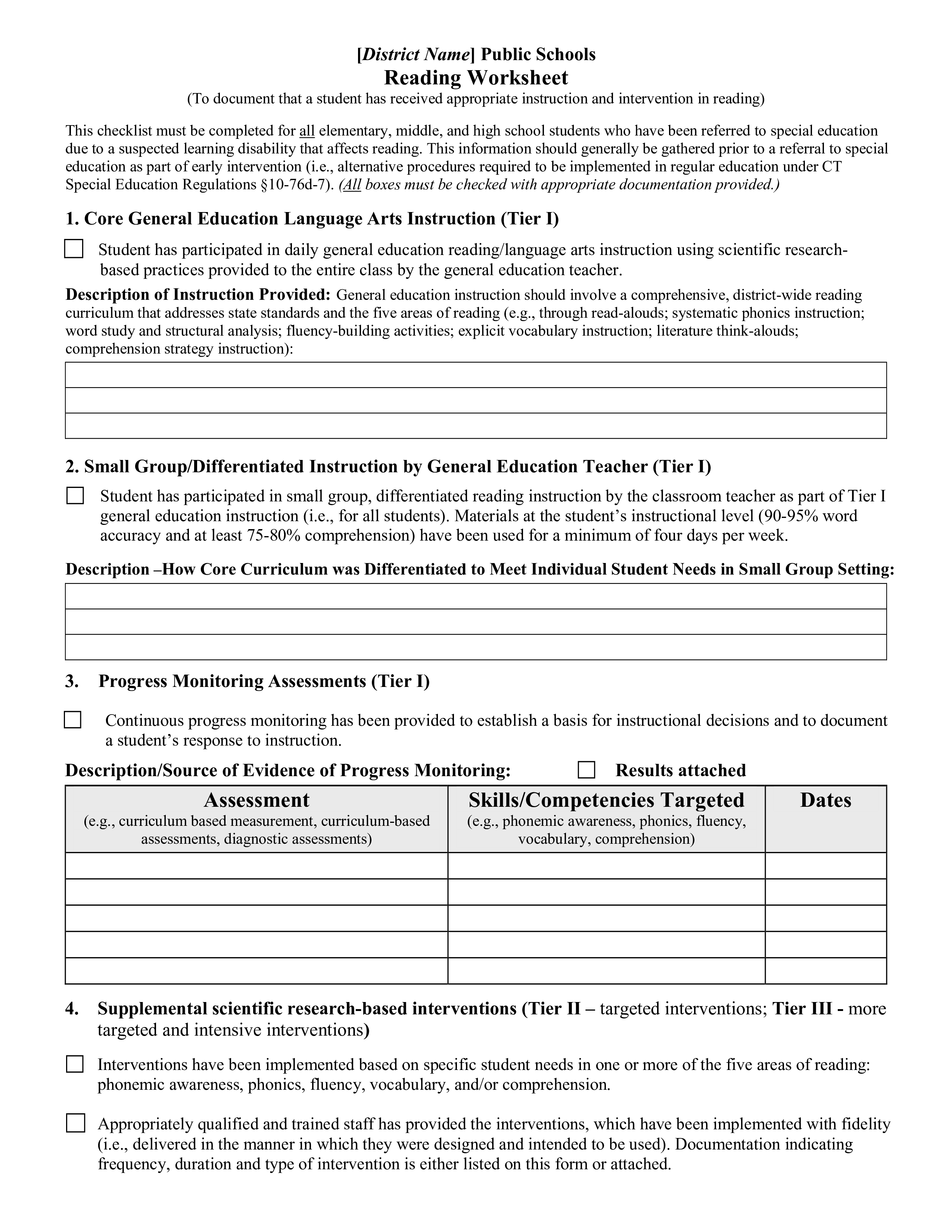 reading worksheet modèles