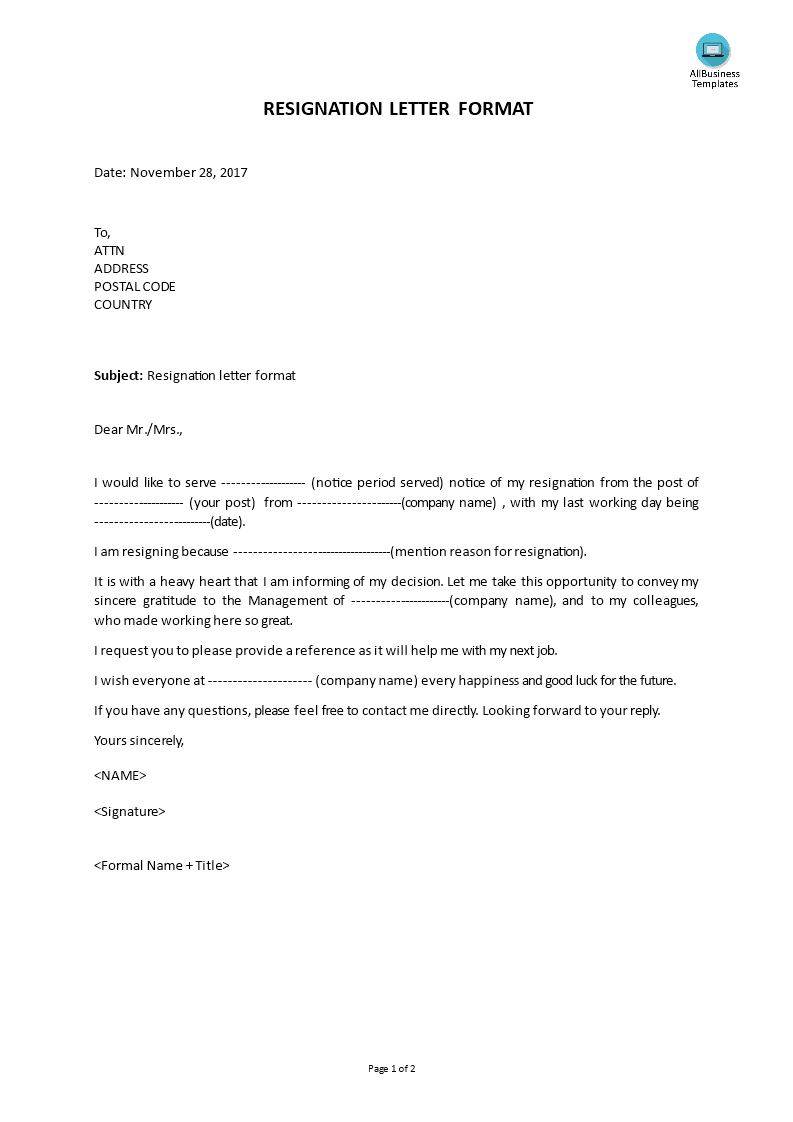 resignation letter format template template