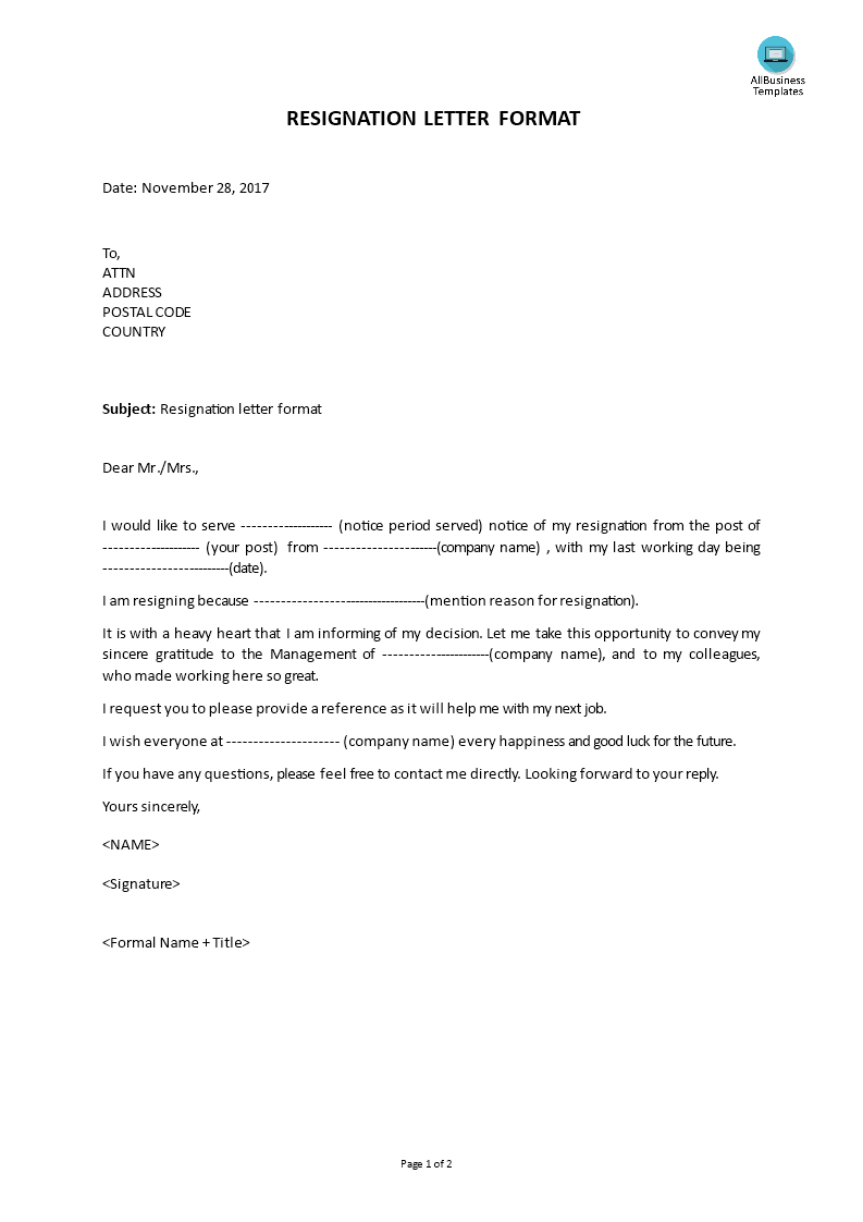 resignation letter format template voorbeeld afbeelding 